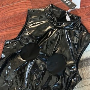 NWT‎ iEFiEL Black Coated Shiny Bodysuit W Breast Cut Out